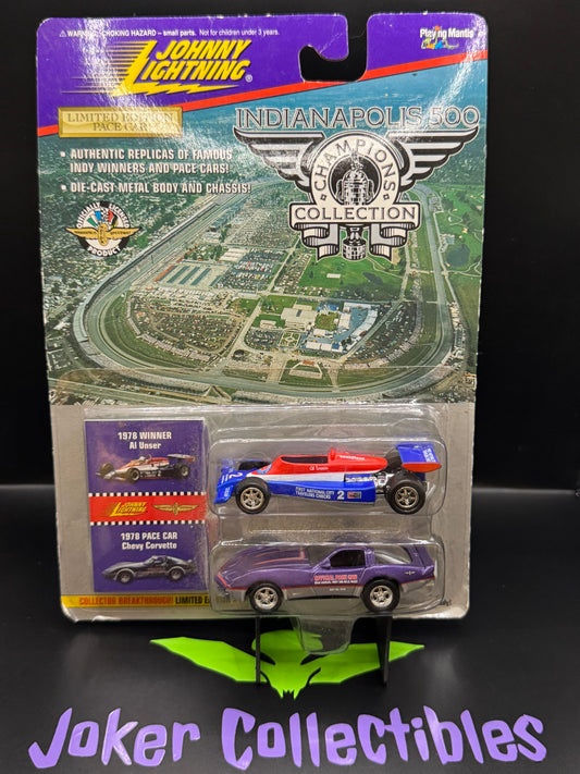 Johnny Lightning Indianapolis 500 Champions Collection Red Blue 1978 Winner Al Unser & Purple 1978 Pace Car Chevy Corvette