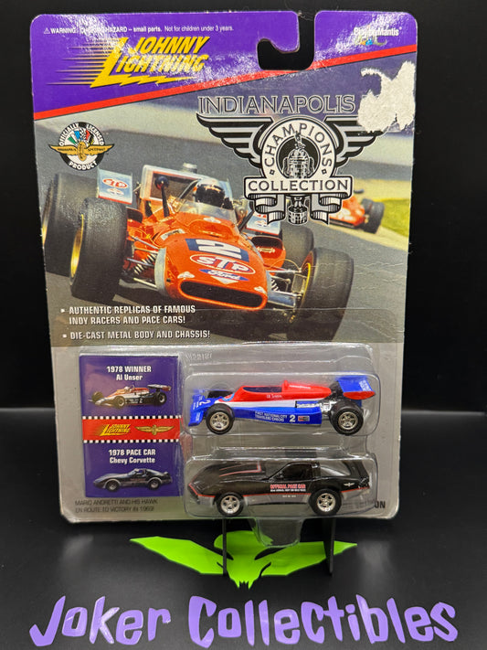 Johnny Lightning Indianapolis 500 Champions Collection Red Blue 1978 Winner Al Unser & Black 1978 Pace Car Chevy Corvette