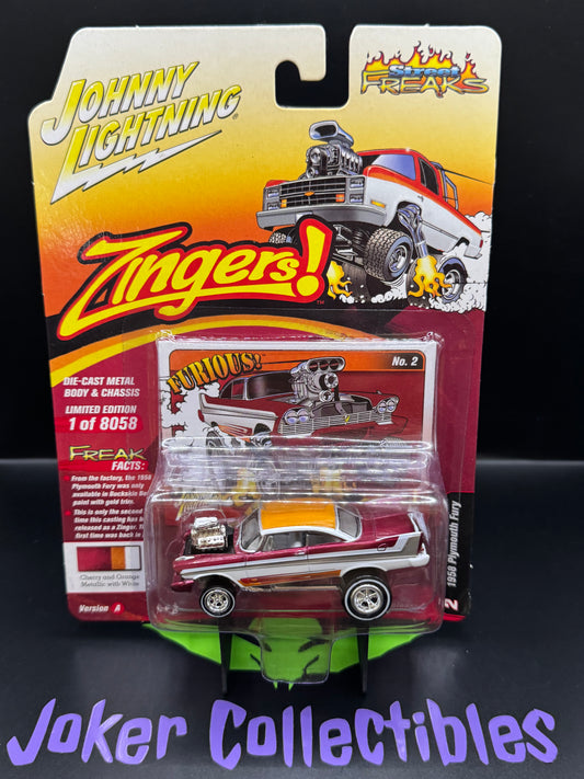Johnny Lightning Street Freaks Zingers! 1958 Plymouth Fury # 2 Cherry and Orange Metallic with White