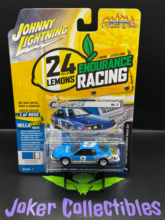 Johnny Lightning Street Freaks 24 Hrs of Lemons 1986 Ford Thunderbird Stock Car #3 Bright Blue with Gold and White