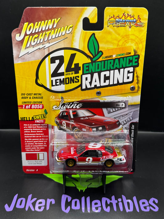 Damaged Card Johnny Lightning Street Freaks 24 Hrs of Lemons 1986 Ford Thunderbird Stock Car #3 Primary Red with Gold and White
