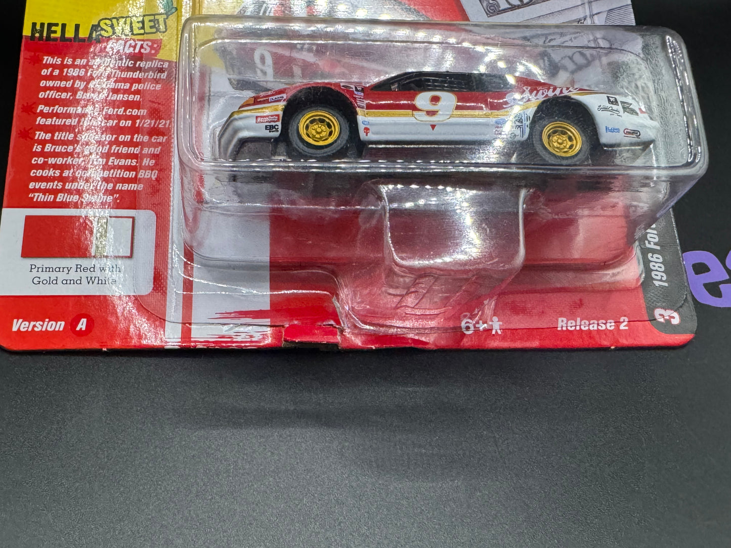 Damaged Card Johnny Lightning Street Freaks 24 Hrs of Lemons 1986 Ford Thunderbird Stock Car #3 Primary Red with Gold and White