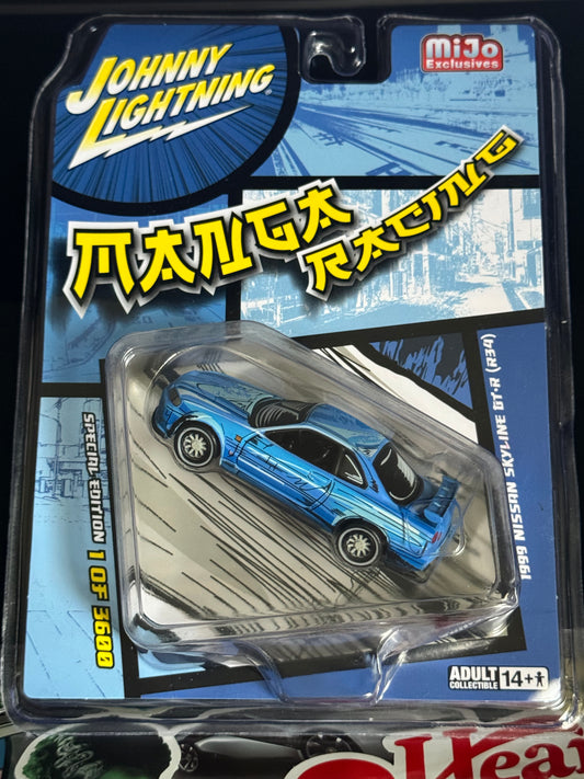 Johnny Lightning 1999 Nissan Skyline GT-R (R34) Manga Art Manga Racing Blue Pencil Car MiJo Exclusives