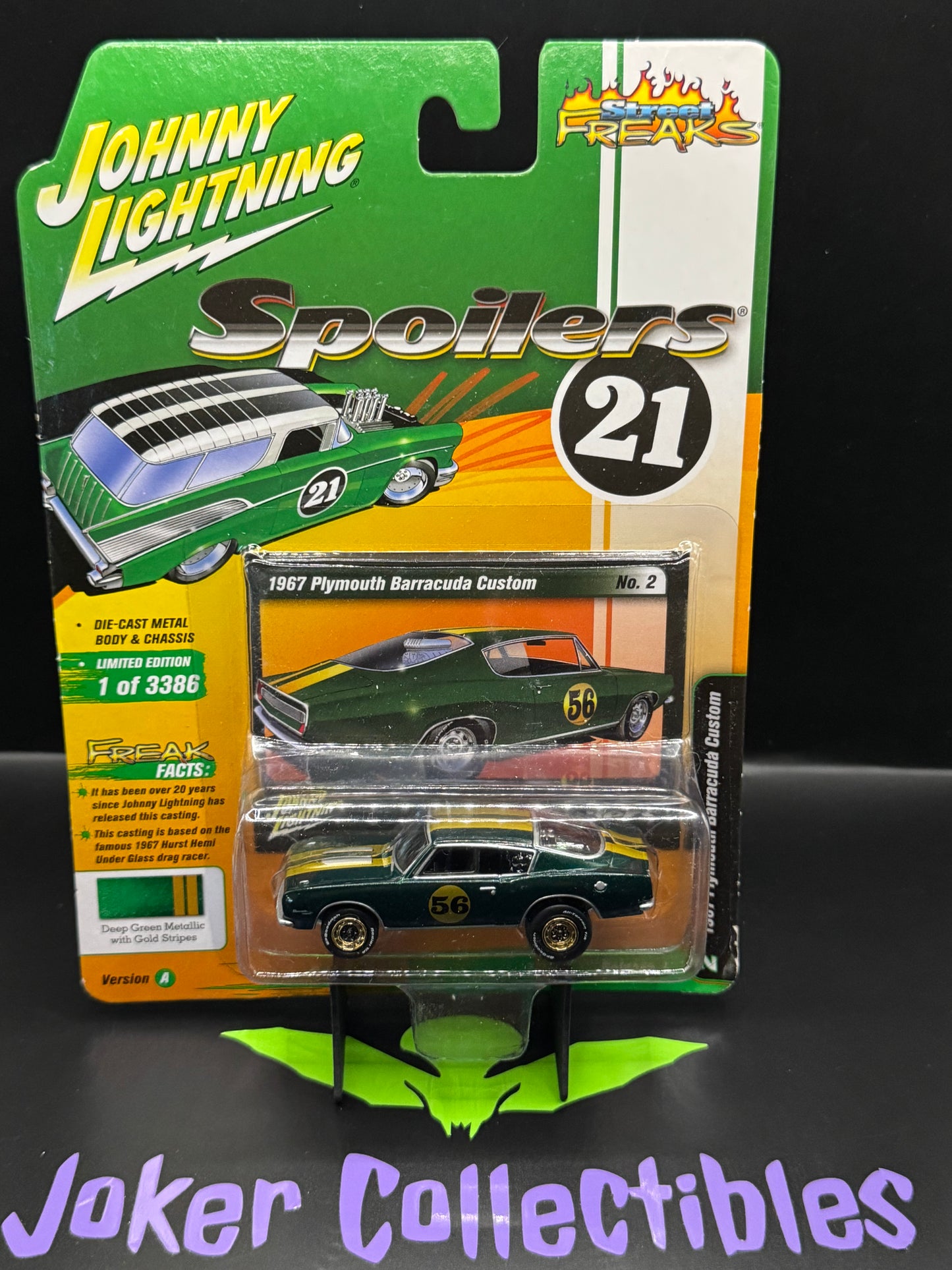Johnny Lightning Street Freaks Spoilers 21 1967 Plymouth Barracuda Custom Deep Green Metallic with Gold Stripes #2