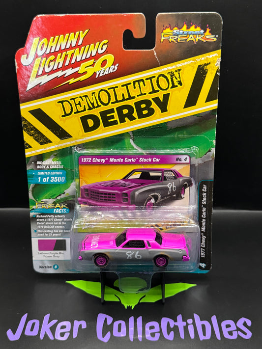 Johnny Lightning Street Freaks Demolition Derby 1977 Chevy Monte Carlo Stock Car Leftover Purple Mix Primer Gray #4
