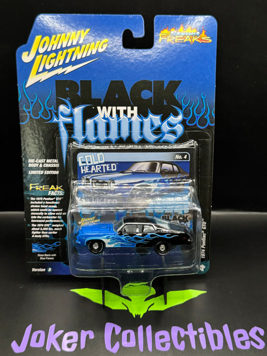 Johnny Lightning Street Freaks Black with Flames Cold Hearted 1974 Pontiac GTO Gloss Black with Blue Flames #4