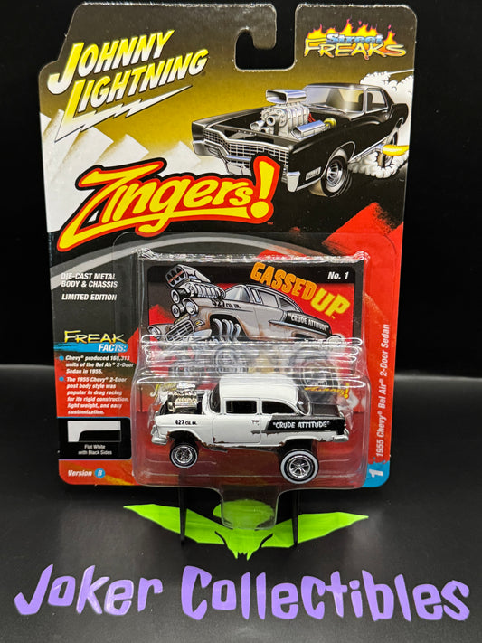 Johnny Lightning Street Freaks Zingers! Gassed Up Crude Attitude 1955 Chevy Bel Air 2-Door Sedan Flat White with Black Wides #1