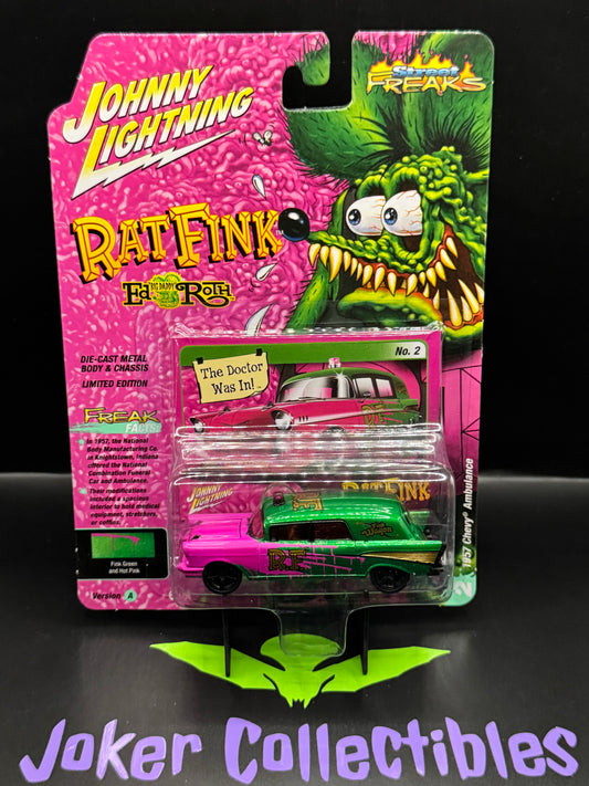 Johnny Lightning Street Freaks Rat Fink The Doctor Was In! 1957 Chevy Ambulance Fink Green and Hot Pink #2