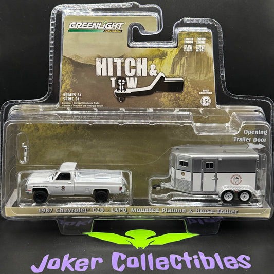 Greenlight Series 31 Hitch & Tow 1987 Chevrolet C20 LAPD Mounted Platoon & Horse Trailer