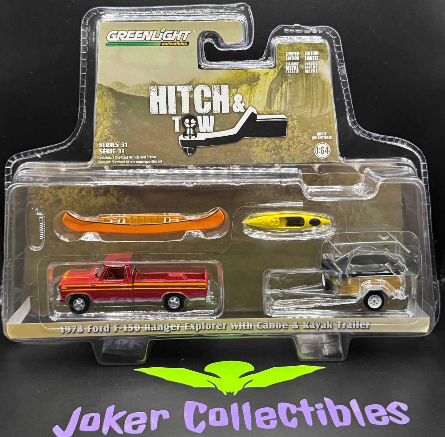 Greenlight Series 31 Hitch & Tow 1978 Ford F-150 Ranger Explorer with Canoe & Kayak Trailer