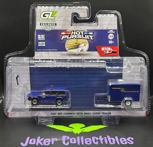 Greenlight Series 1 Hitch & Tow Hot Pursuit 2001 Jeep Cherokee with Small Cargo Trailer New York State Police Hobby Exclusive
