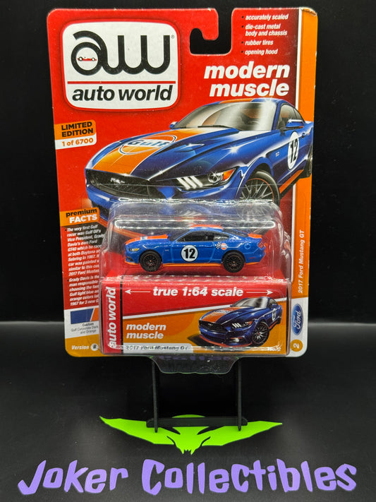 (1) Auto World Modern Muscle Gulf 2017 Ford Mustang GT Gulf Corporate Dark Blue and Orange # 2