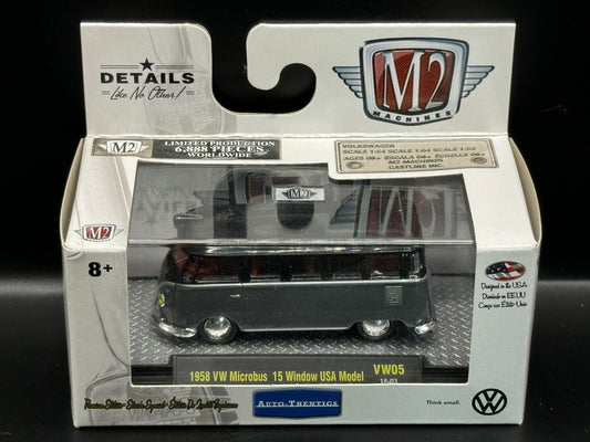 M2 Machines Auto-Thentics Grey Black 1958 VW Microbus 15 Window USA Model VW05 18-03