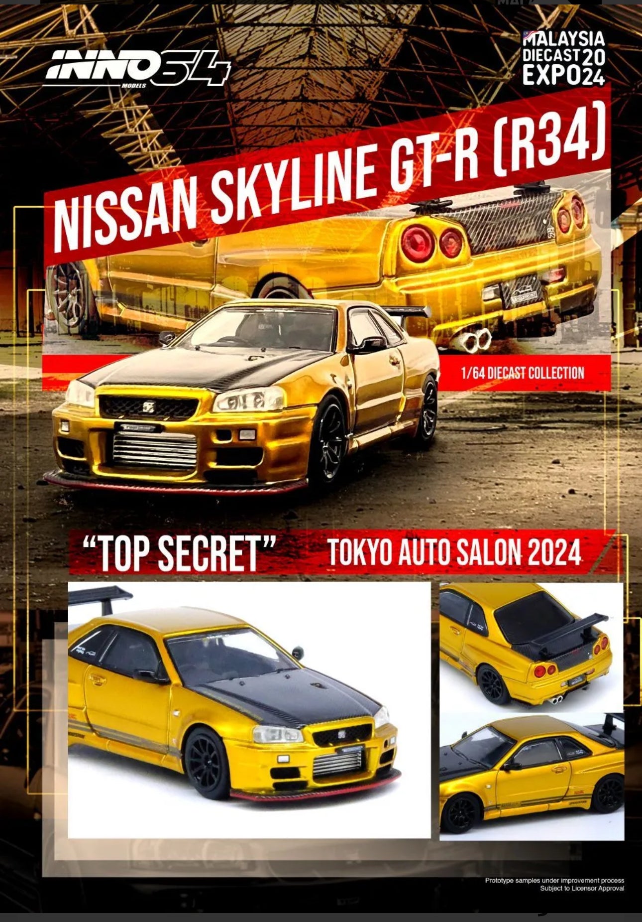 INNO64 NISSAN SKYLINE GT-R R34 Gold TOP SECRET 2024 Malaysia Diecast Expo