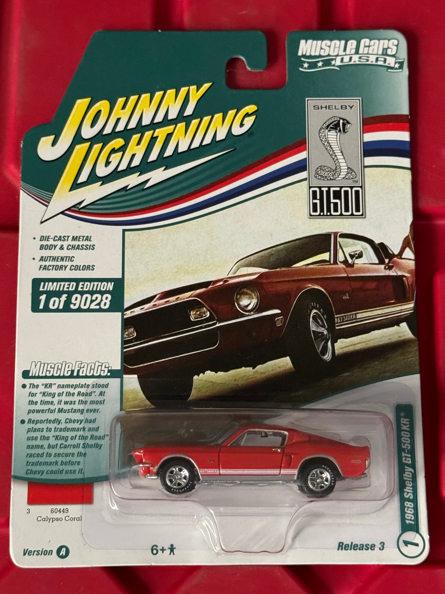 Johnny Lightning Muscle Cars U.S.A. 1968 Shelby GT-500 KR Calypso Coral Release 3 Version A