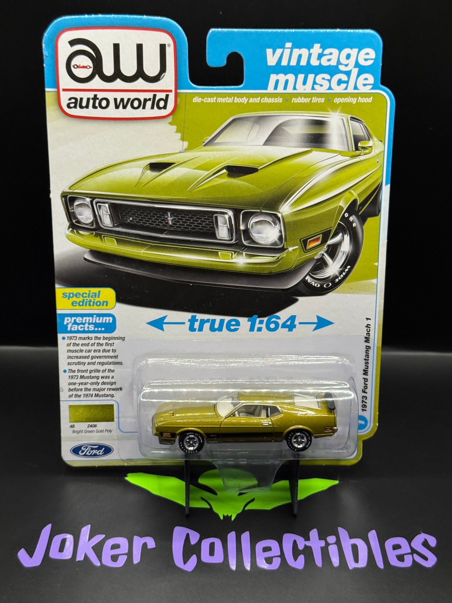 Auto World Vintage Muscle 1973 Ford Mustang Mach 1 Bright Green Gold Poly # 1