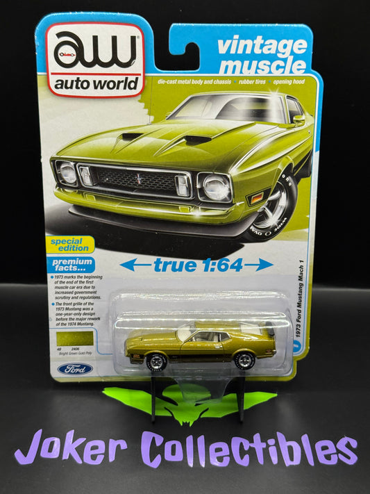 Auto World Vintage Muscle 1973 Ford Mustang Mach 1 Bright Green Gold Poly # 1