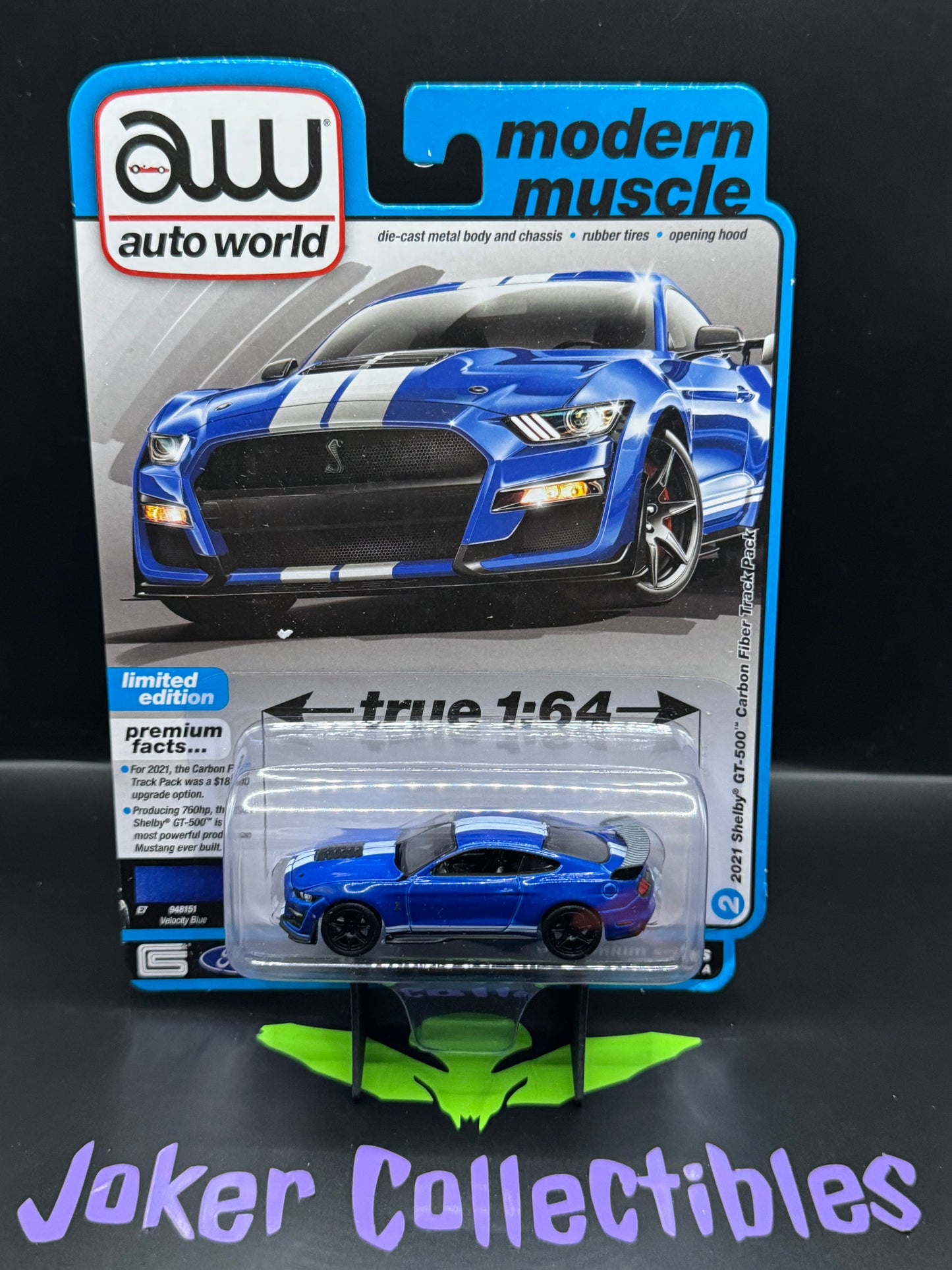 Auto World Modern Muscle 2021 Shelby GT-500 Carbon Fiber Track Pack Velocity Blue # 2