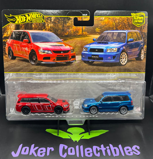 Hot Wheels Premium Car Culture 2 Pack 2005 Mitsubishi Lancer Evolution IX Wagon & 2004 Subaru Forester STi