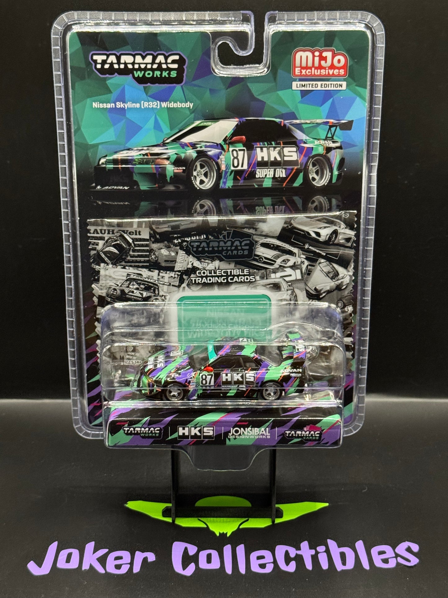 Tarmac Works Global64 Nissan Skyline R32 Widebody JonSibal Designworks & HKS with Card Pack