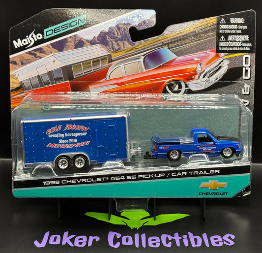 Maisto Design Tow & Go 1993 Chevrolet 454 SS Pick-Up & Car Trailer Blue