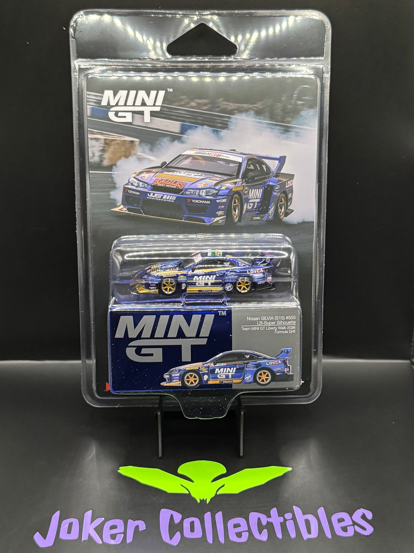 Mini GT #1157 Nissan LB-Super Silhouette S15 SILVIA #555 Team MINI GT Liberty Walk 2025 Formula Drift Chrome Blue
