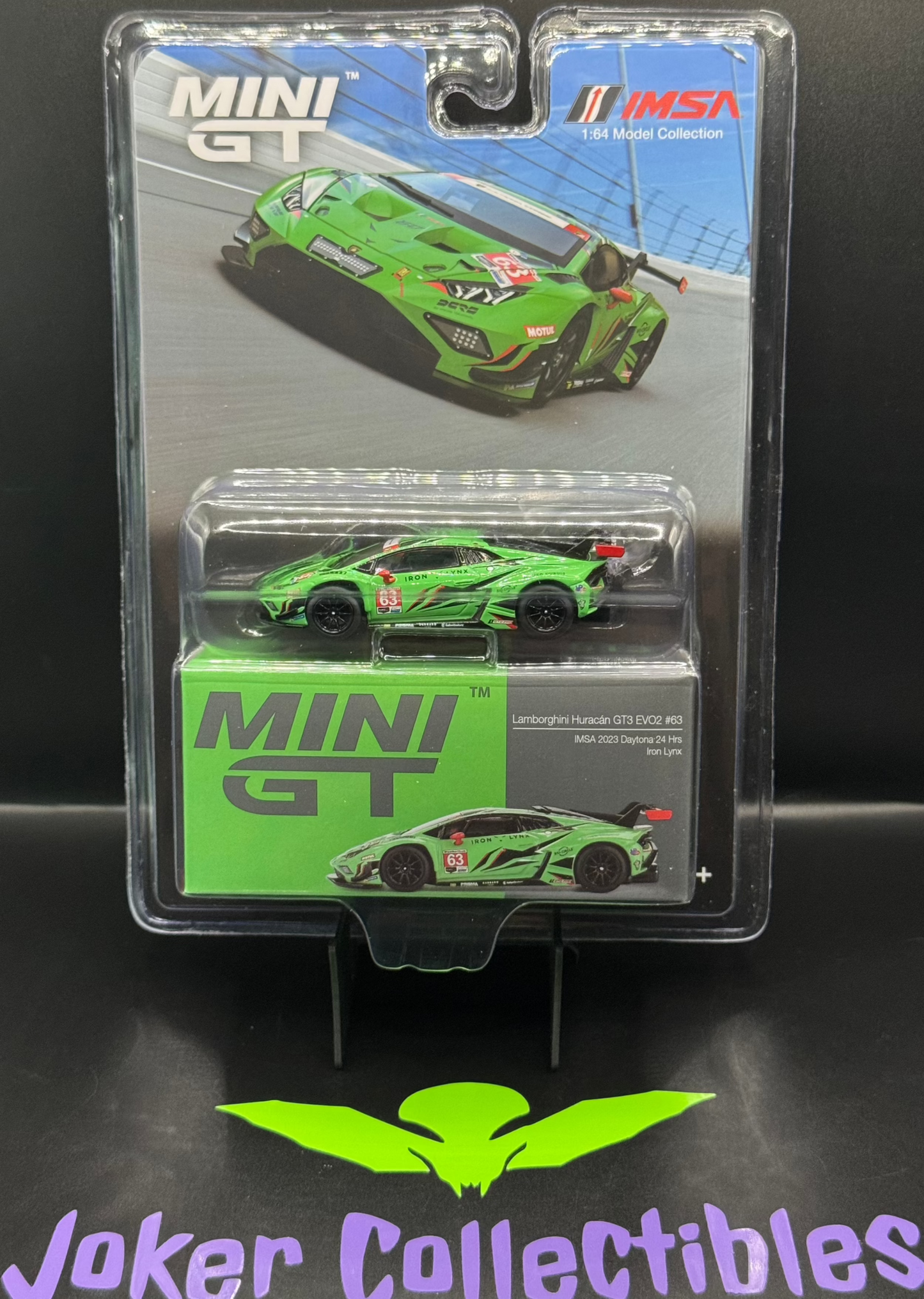 Mini GT #813 Lamborghini Huracán GT3 EVO2 #63 Iron Lynx IMSA 2023 Daytona 24 Hrs.