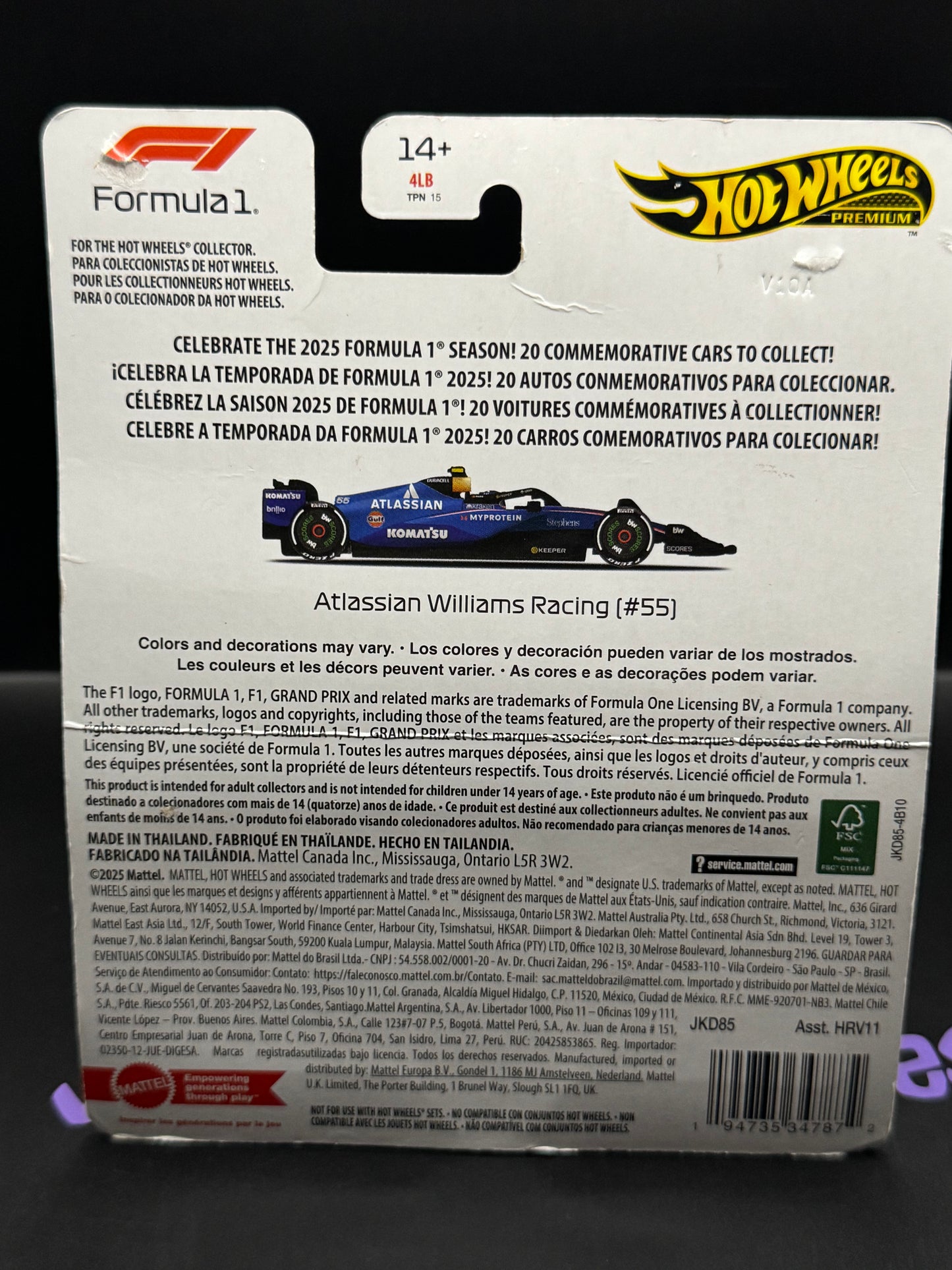 Bad Card Hot Wheels Premium 2025 F1 Formula One Atlassian Williams Racing # 55