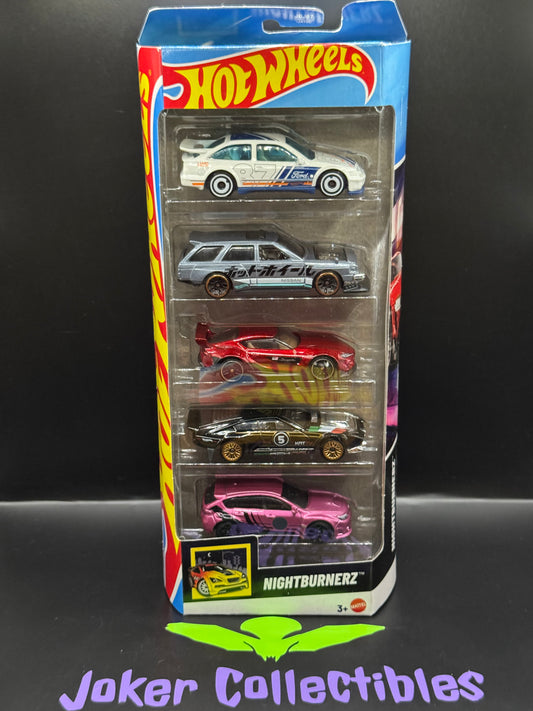 Hot Wheels 5 Pack 2025 Nightburnerz '87 Ford Sierra Cosworth, Nissan Maxima Drift Car, '20 Toyota GR Supra, Dimachinni Veloce, Subaru WRX STi