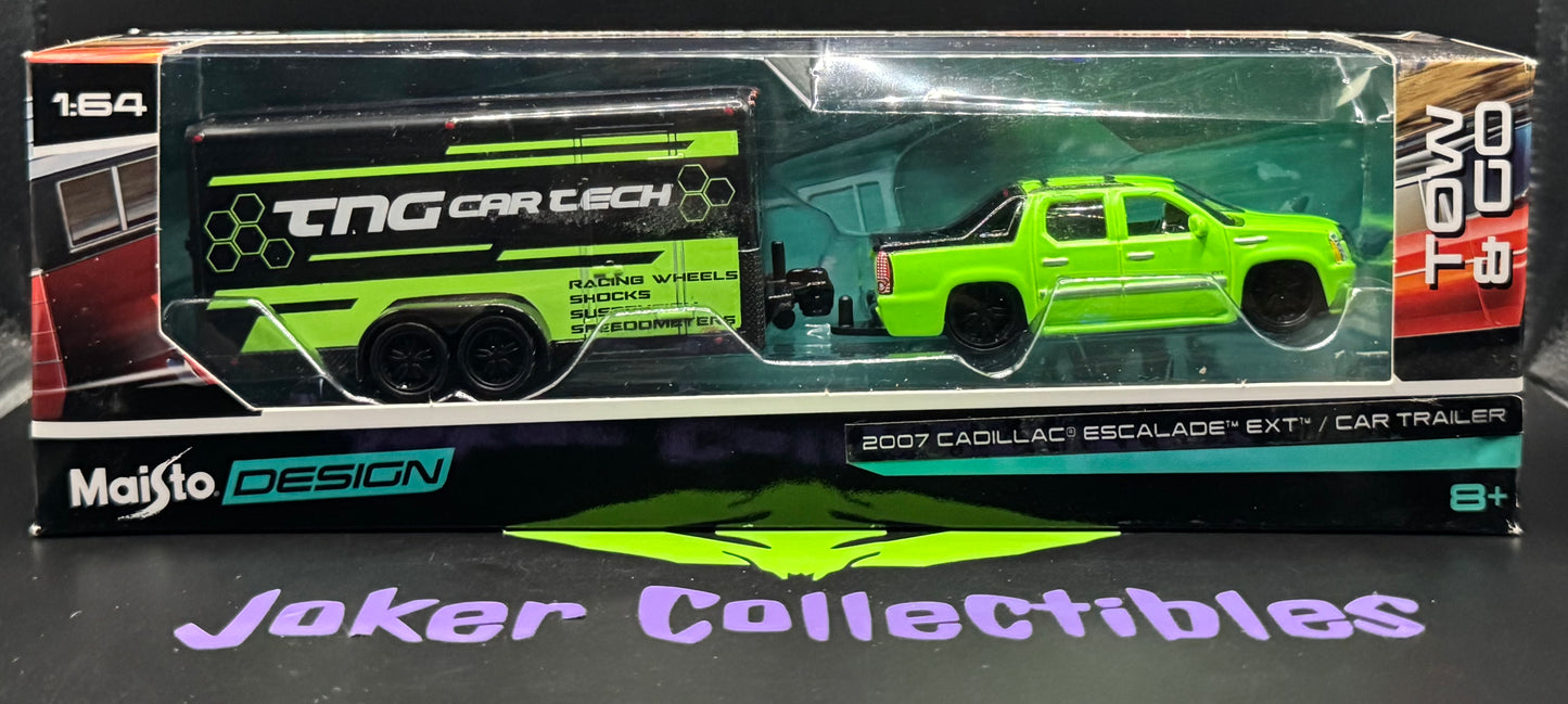 Maisto Design Tow & Go 2007 Cadillac Escalade EXT & Car Trailer Lime Green