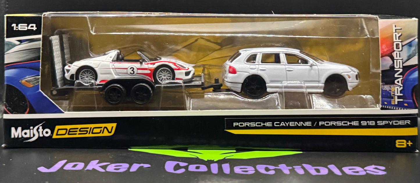 Maisto Design Elite Transport Porsche Cayenne & Porsche 918 Spyder White & Red