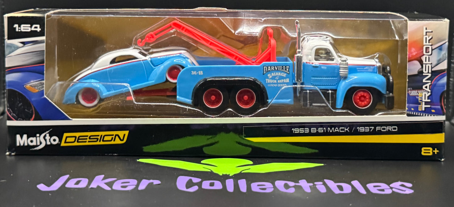 Maisto Design Elite Transport 1953 B-61 Mack Tow Truck & 1937 Ford Blue White & Red