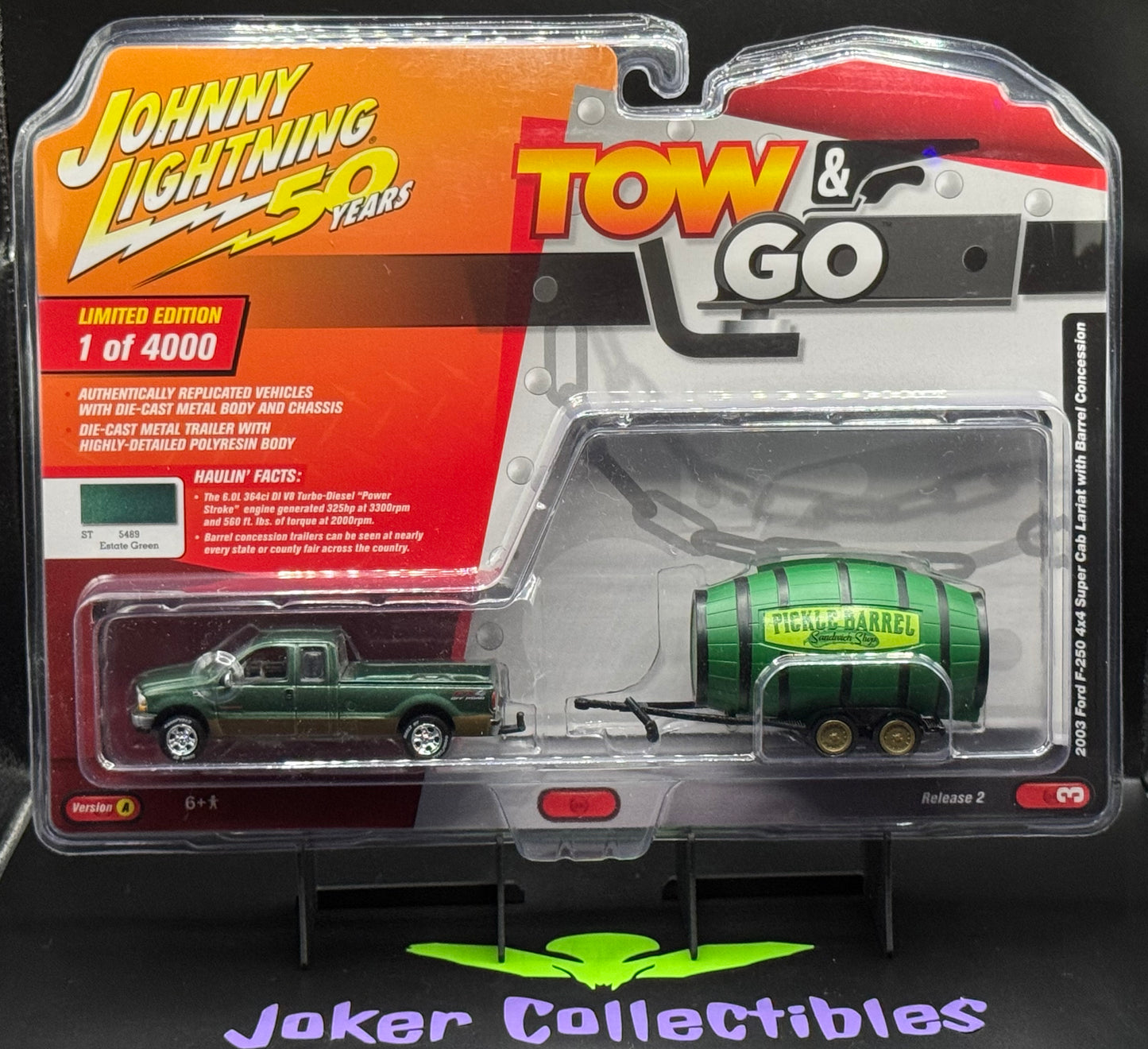 Johnny Lightning 50 Years Tow & Go 2003 Ford F-250 4x4 Super Cab Lariat with Pickle Barrel Concession Estate Green # 3