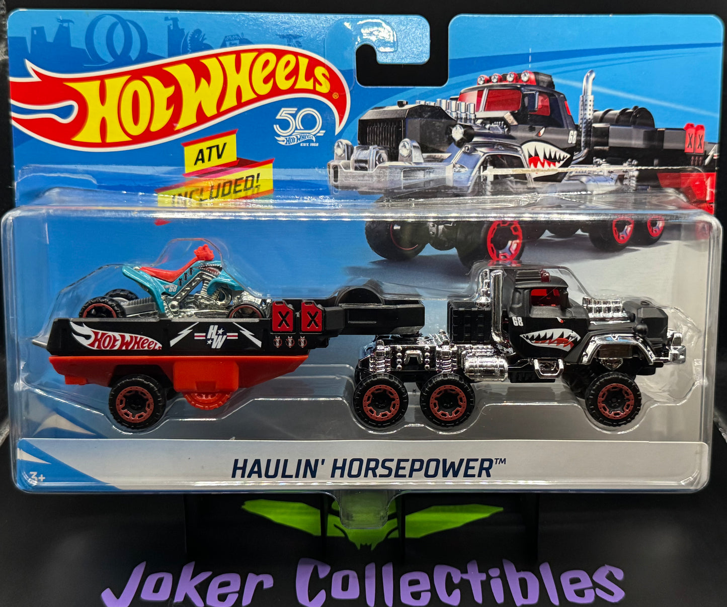 Hot Wheels Super Rigs 2018 Haulin' Horsepower & Sand Stinger ATV Black Shark Mouth Blue