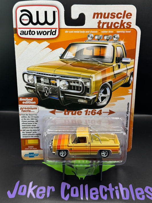 Auto World 1981 Chevy Silverado Fleetside Custom Lowered Cream with Stripes