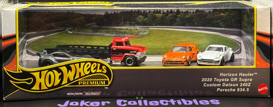 Hot Wheels Premium Diorama Horizon Hauler, 2020 Toyota GR Supra, Custom Datsun 240Z, & Porsche 934.5