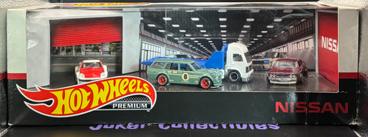 Hot Wheels Premium Diorama Aero Lift, Datsun 510 Wagon, Nissan Fairlady Z, & Nissan Laurel 2000 SGX