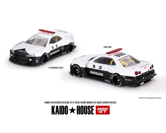Kaido House x Mini GT 1:64 Nissan Skyline GT-R R34 Kaido Works (V2 Aero) Police KHMG120 Preorder