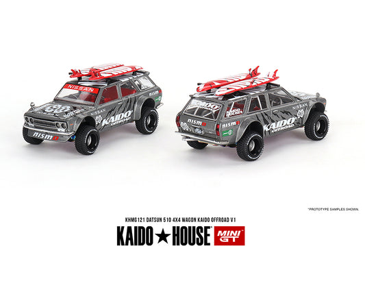 Kaido House x Mini GT 1:64 Datsun KAIDO 510 Wagon 4×4 Kaido Offroad V1 Silver KHMG121 Preorder
