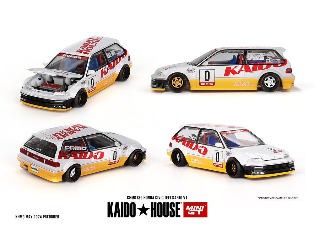 Kaido House x Mini GT 1:64 Honda Civic (EF) Kanjo V1 White/Yellow KHMG139 Preorder