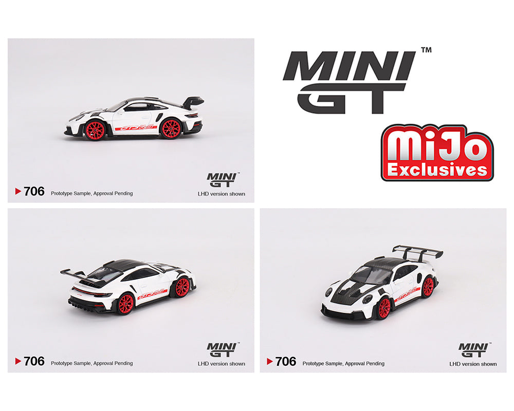 Mini GT 1:64 Porsche 911 (992) GT3 RS Weissach Package White with Pyro Red #706 MiJo Exclusives Preorder