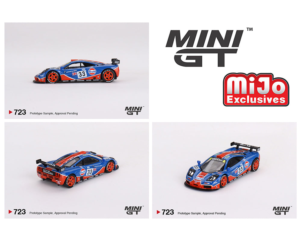 Mini GT 1:64 McLaren F1 GTR #33 1996 Le Mans 24Hr GULF Blue #723 MiJo Exclusives Preorder