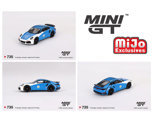 Mini GT 1:64 Porsche 911 Turbo S Safety Car 2023 IMSA Daytona 24 Hours #735 Preorder Blue MiJo Exclusives