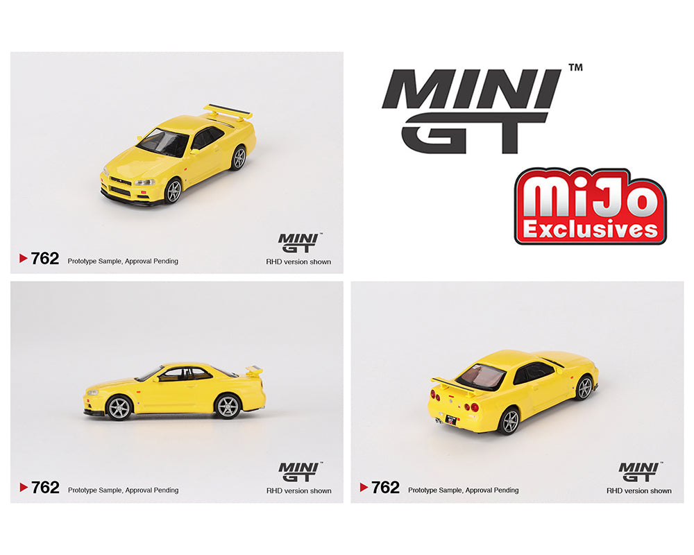 Mini GT 1:64 Nissan Skyline GT-R (R34) V-Spec Lightning Yellow #762 MiJo Exclusives Preorder