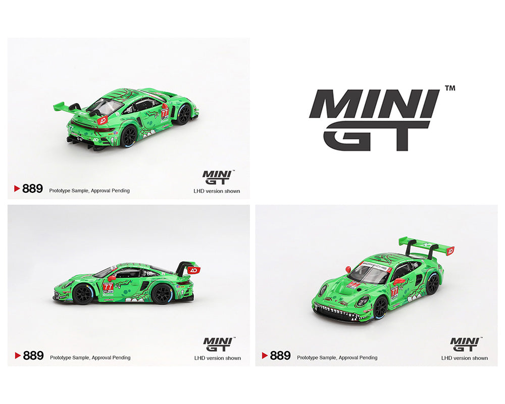 Mini GT #889 Porsche 911 GT3 R #77 "Rexy" AO Racing 2024 IMSA Daytona 24 Hrs GTD Pro 2nd Place Preorder