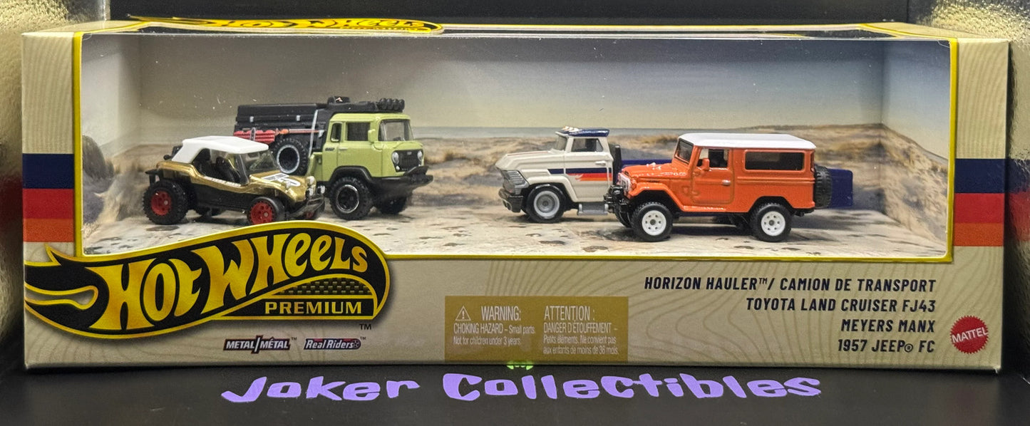Hot Wheels Premium Diorama Off-Road Toyota Land Cruiser FJ43 Meyers Manx 1957 Jeep FC Off Road Horizon Hauler